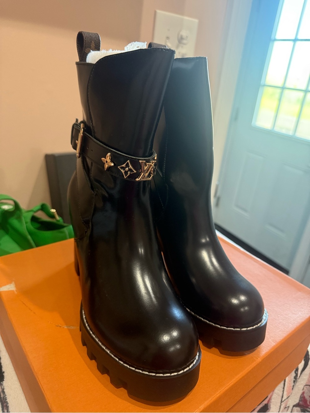 Inspired Black Platform Ankle Boots with Decorative Gold Emblem